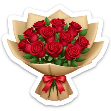 Bouquet of red roses in a burgundy package sticker