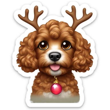 ruby brown toy cavoodle with a glowing red nose and reindeer ear headband on sticker