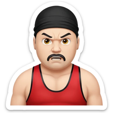White skin fat guy with prominent black durag, short black beard, black eyes in a red and black wrestling singlet with angry face sticker