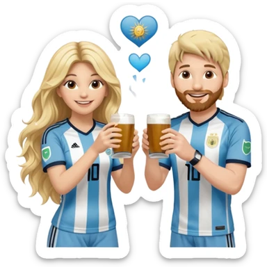 Lionel Messi in Argentina jersey and Shakira in stage clothes, smiling at each other, each holding a traditional yerba mate cup, making a cheerful toast, Shakira with long wavy blonde hair, emoji style, cute and fun sticker
