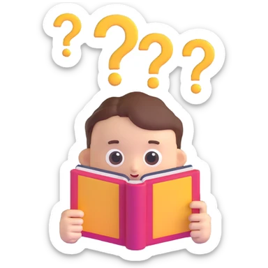 thoughtful character with question marks and open book sticker