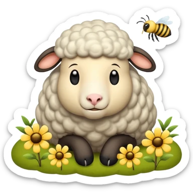 sleepy sheep in the field and a bee sticker
