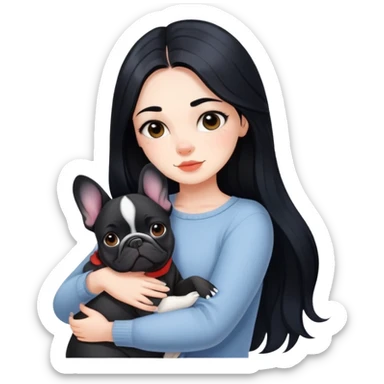 beautiful girl with long black hair hugs a French bulldog sticker