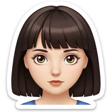 White girl with dark brown hair, bangs, and black eyes sticker