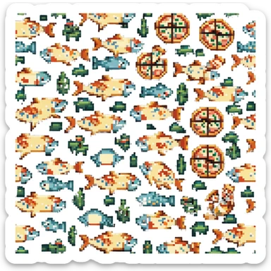 Fish pizza with fish toppings on a pizza crust, 8-bit style sticker