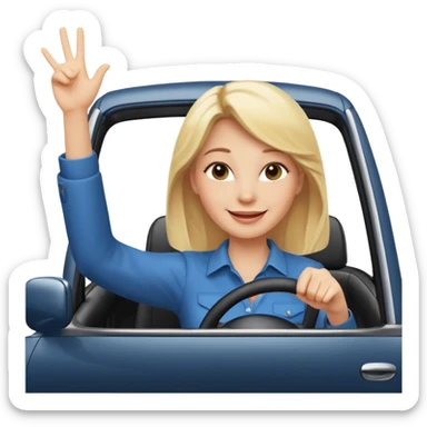 blonde woman driving car. one hand up Happy face confidence sticker