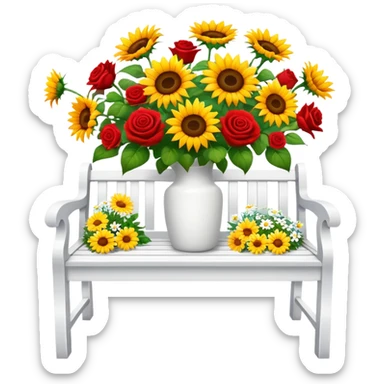 White bench with a romantic lush warm-colored flower vase on top sticker