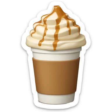 a beige starbucks coffee cup with cream and caramel sauce on top sticker