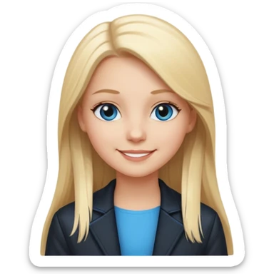 A white girl with long straight blonde hair, blue eyes and a white dress with a smiling black jacket sticker