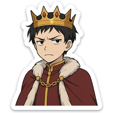 annoyed prince with crown, very light skin, dark eyes, dark hair, anime style sticker