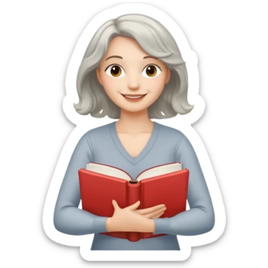 Silver hair, wavy/curly hair chin-length lady giving hug with 2 arms,  v-neck and smiling, add a favorite book sticker