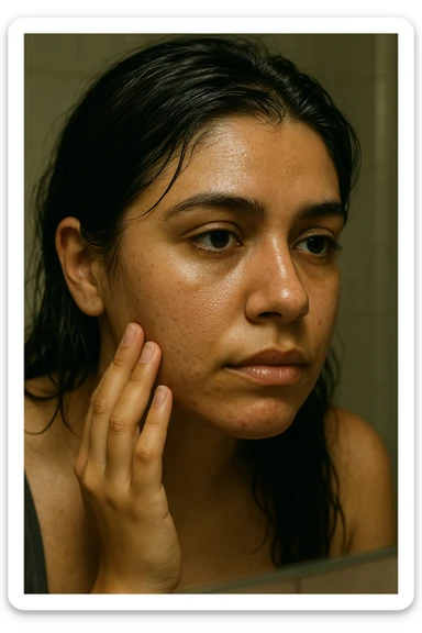 A highly realistic, cinematic close-up portrait of a young woman in her late 20s with medium skin tone, showing visible oily skin and enlarged pores on her cheeks, nose, and forehead. Her skin has a noticeable shiny appearance due to excessive sebum production, and small acne spots are visible along her jawline and chin, indicating hormonal imbalance. Her dark hair appears greasy, clumping in some areas near her scalp, emphasizing unwashed, oily hair due to overactive sebaceous glands caused by PCOS. The woman looks at herself in the mirror with a tired yet hopeful expression, gently touching her cheek with her fingertips as she observes her skin condition. The setting is a softly lit bathroom with natural daylight, and the reflection shows the detail of her skin texture and greasy hair strands. Style: 35mm hyperrealistic film, warm neutral tones with soft depth of field, focusing on the oily skin texture, visible pores, and greasy hair to clearly illustrate the visual symptoms of PCOS. in italiano sticker