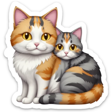 full body colourful light patched calico + white tabby cat cuddling a big dark grey and white tabby cat  sticker