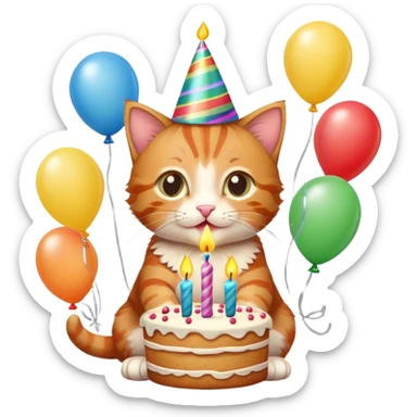 Ginger tabby kitten celebrates birthday, birthday hat, birthday cake, one candle, balloons, happy, gifts sticker