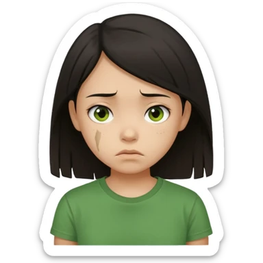 Young girl with straight, dark hair, damaged and unattractive, wearing a green T-shirt, with a sad and subdued expression. sticker