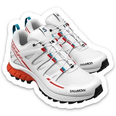 Clean white Salomon XT-6 sneakers with prominent colored Salomon logo stripe in the middle, one behind the other, iOS emoji style, white design with only the middle brand stripe in color sticker