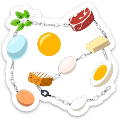Close up of vibrant protein foods (meat, egg, beans, tofu, yogurt) connected in a chain or cluster, glowing and unified, floating together in a warm light. sticker