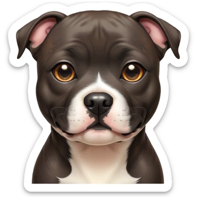Cinematic Cute Black/Brindle Staffordshire Bull Terrier Portrait Emoji, Head tilted playfully and inquisitively, featuring a glossy Fur with a dynamic mix of black and brindle, round, sparkling dark eyes filled with curiosity, Simplified yet irresistibly adorable features, highly detailed, glowing with a warm, friendly glow, high shine, affectionate and spirited, stylized with a touch of whimsy, bright and endearing, soft glowing outline, capturing the essence of a mischievous yet loving pup, so playful it feels like it could bound out of the screen and into your arms! sticker