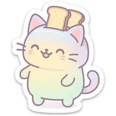 pastel kawaii cat with toaster features, two toast slices popping out, smiling, full-body sticker