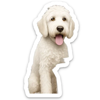 White labradoodle digging in kitchen garbage  can sticker