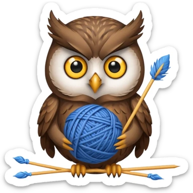 Owl holding blue yarn ball and knitting needles sticker