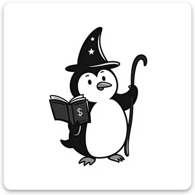 Penguin wizard with pointed hat, magical staff, and spell book sticker