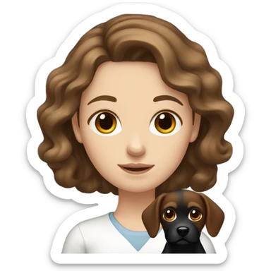 white girl with wavy brown hair holding black dog sticker