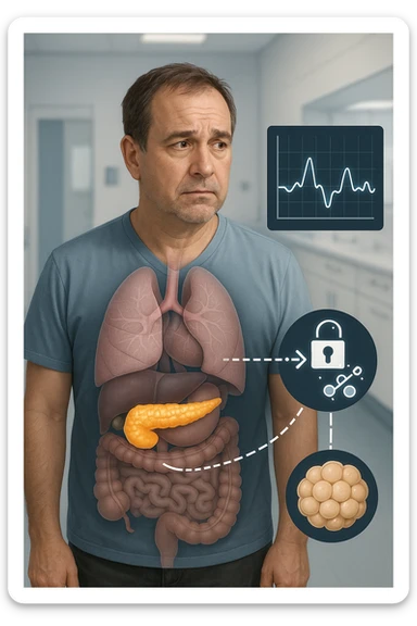 a middle-aged man stands in a clinical setting, with a semi-transparent overlay showing his internal organs. His pancreas is highlighted, and glowing lines or icons indicate disrupted insulin signaling between the pancreas and muscle or fat cells. The man’s expression is slightly concerned, and a digital chart beside him displays fluctuating blood sugar levels. The lighting is realistic, with a clean, modern medical background. in italiano sticker