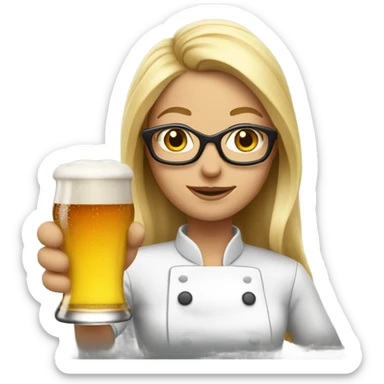 Female chef with long blonde hair and glasses. Holding beer and horses sticker
