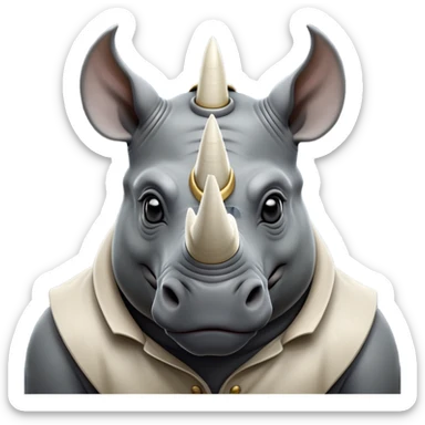 cinematic-noble--rhinoceros-portrait-emoji,slate-grey-hide--poised-and-regal,-with-a-massive,-powerful-build-and-a-thick, ivory horn, -deep-set-soulful-piercing-eyes,-simplified-yet-sharp-and-sophisticated-features,-highly-detailed,-large-black-eyes, zoomed out showing shoulders sticker