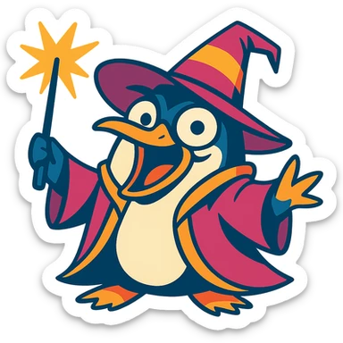 crazy wizard penguin, vibrant cartoon style, wild expression, magical hat, holding a wand sticker
