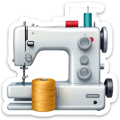 Sewing icon, sewing machine with thread, visible needle, spools of thread, fabric pieces cut according to patterns, scissors, and measuring tape, a piece of clothing in progress, minimalistic style, clean lines, transparent background. sticker