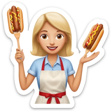 A cheerful woman selling hotdogs, waving a tongs in one hand. sticker