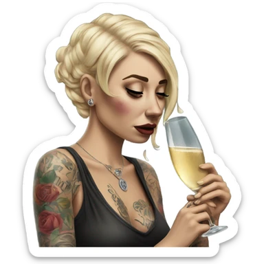 Hyper Realistic Beautiful tattooed woman crying sadly holding champagne  sticker