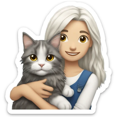 A girl with white hair holds a Maine coon cat in her arms sticker