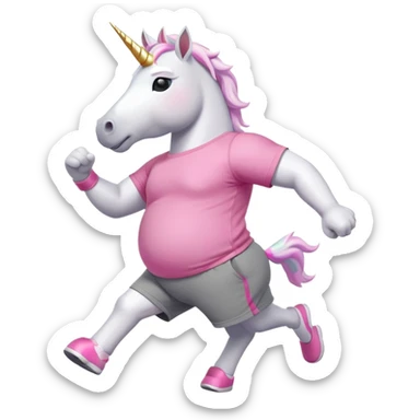 friendly anthropomorphised male white unicorn with an extra chunky, very strong and stocky build, arms and legs matching the white of the head, in grey shorts and pink t-shirt, wearing dark sunglasses, jogging upright in a standard pose sticker