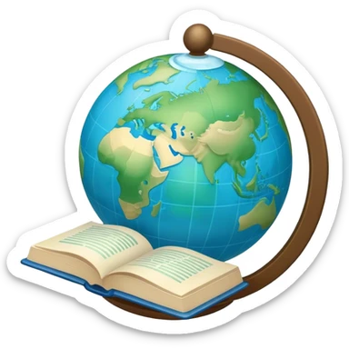 Create an emoji representing language translation. The design should feature an open book or a document with text in multiple languages (e.g., English, Spanish, Chinese), and a translation icon (such as an arrow between two languages) to symbolize the process of converting text. Include elements like a globe or a speech bubble to represent global communication. Use clear, simple lines and a color palette with blues, greens, and subtle neutral tones to convey the idea of clarity and understanding. Make the background transparent. sticker