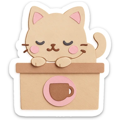 chibi café cat laying on coffee counter, soft pastel kawaii style sticker