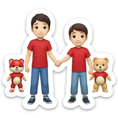 A cute 4-year-old Japanese boy with a big proud smile, shaking hands with another boy to make up after a fight, in a sunny park. Toys on the ground, both looking happy and relieved, warm friendship vibe, cartoonish style, vibrant colors, high detail. sticker