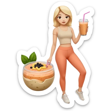a young woman full length in a beige top and leggings and white sneakers with a passion fruit smoothie in one hand and a salmon poke bowl in the other hand sticker