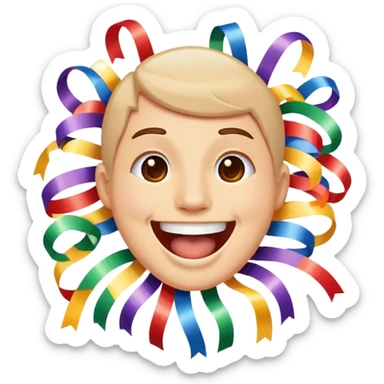 face with open mouth, smiling, surrounded by parade streamers sticker