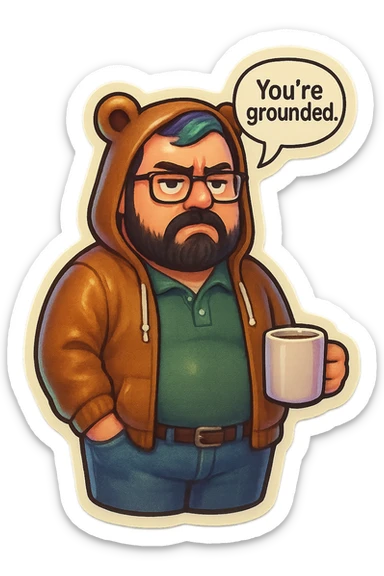 A realism art illustration art style of a plus-sizes man with purple to green ombre streak, black beard, blue eye, glasses, wearing a bear hoodie with ears,  dressed like a dad, holding a coffee mug, You’re grounded speech bubble, frowning  sticker
