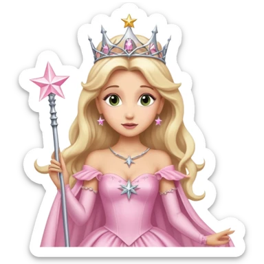 glinda the good witch from wicked movie (ariana) blonde hair, beautiful, big silver thin tiara, star wand, pink gown sticker