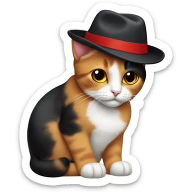 a calico cat wearing a red fedora hat with a black band in the style of the windows 10 emoji sticker