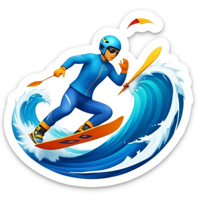 An emblematic symbol featuring a stylized figure in mid-action, representing extreme sports. The design incorporates dynamic lines and bold shapes, with elements like mountains, waves, and flying objects, capturing the thrill and adrenaline of various extreme sports in a single, unified icon. sticker