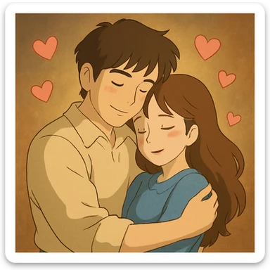 man and woman holding each other love theme gentle lighting hearts accent in ghibli style sticker