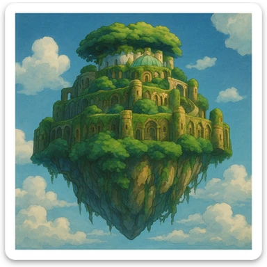 Laputa, the floating island from 'Le Château dans le Ciel' by Studio Ghibli, lush greenery, ancient stone structures, magical whimsical atmosphere, original cartoon style sticker