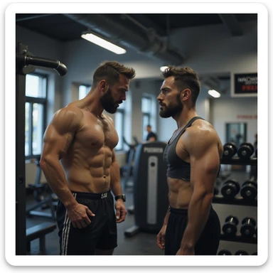adult man in modern gym, indecisive expression, standing between an isotonic machine and a free weights rack, looking alternately at both options, wearing sportswear, atmosphere of doubt, realistic details, background sign saying 'Macchine isotoniche o pesi liberi?', 4K quality sticker