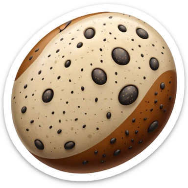 realistic seed, detailed macro close-up, textured surface with natural patterns, shades of brown and beige with distinctive black speckles, oval-shaped, glossy, studio lighting, sharp focus, high-resolution photography, isolated on neutral background sticker