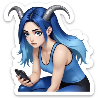 Disapponted-big tears-head back texting on phone-very very large upper body-sexy face-bending forward at waist-very long very straight dark blue to light blue ombre hair-and-blue eyes-thick black eyeliner-cute goat horns-iridescent blue lowcut tanktop with black leggings with glitter superman logo sticker